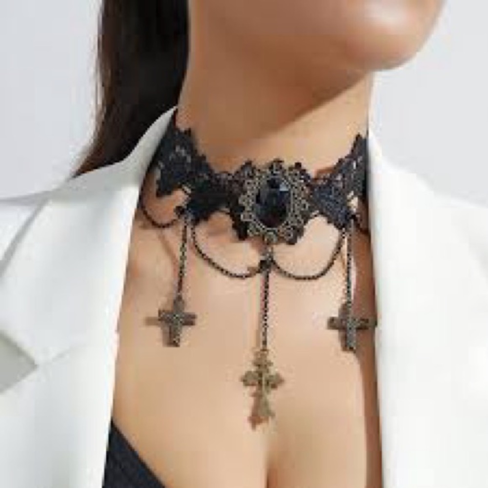 Black Lace Choker with Cross Charms